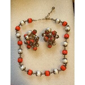 Vintage Trifari Orange & White Bead Necklace w/ Cha Cha Earrings